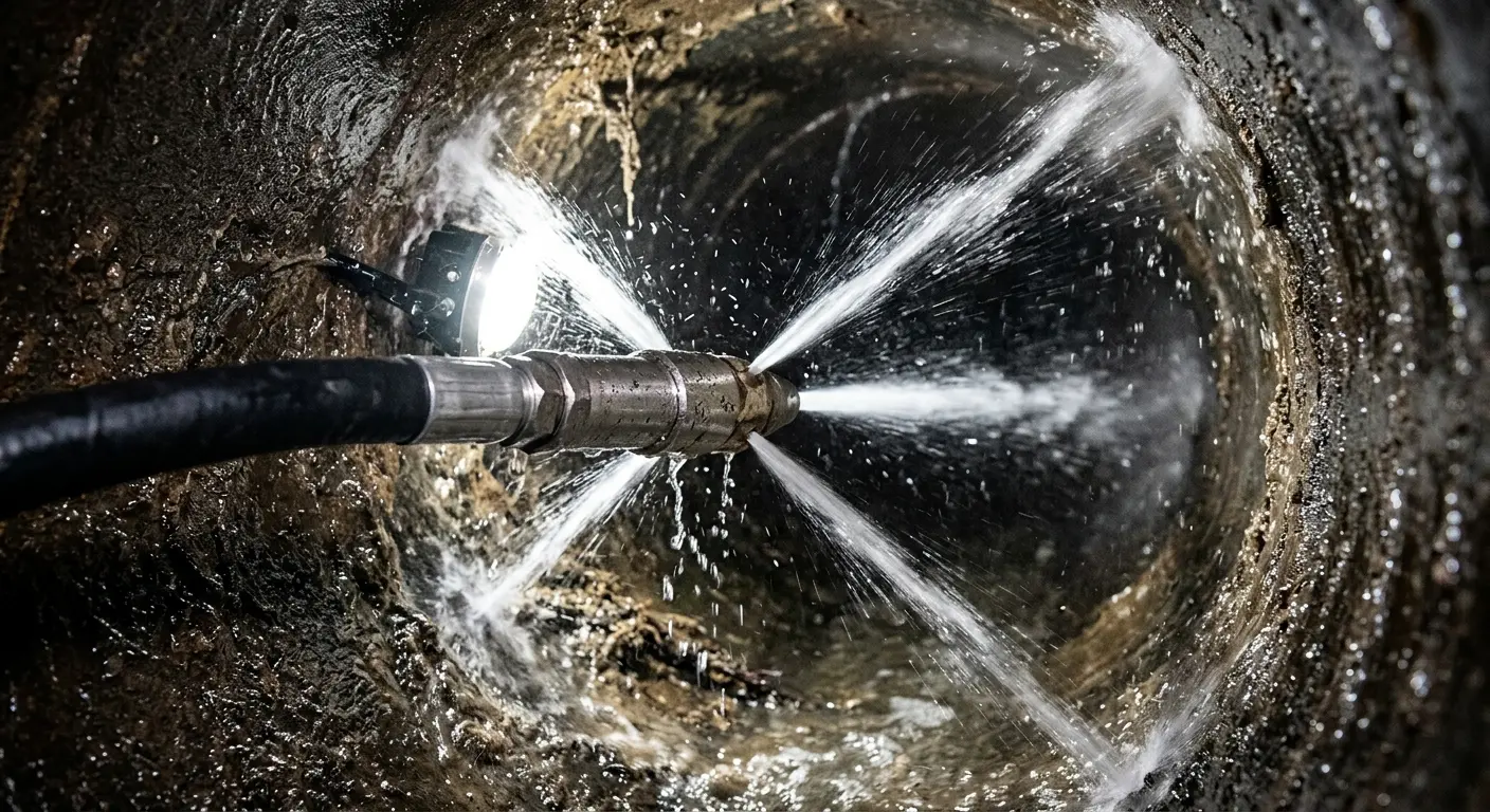 High-pressure hydro jetting nozzle cleaning sewer pipe for Sewer Cleanout in Oak Park