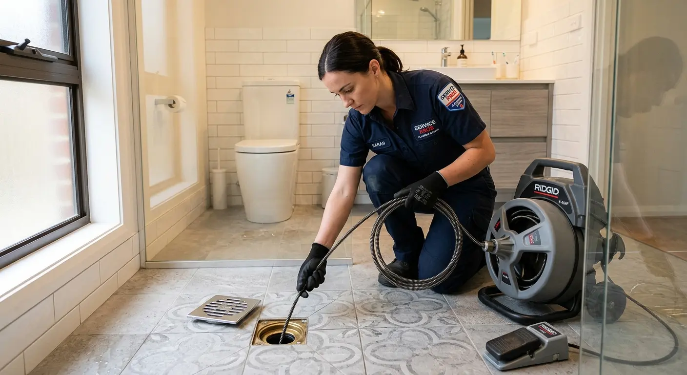 Technician clearing a bathroom floor drain for Hydro Jetting in Oak Park